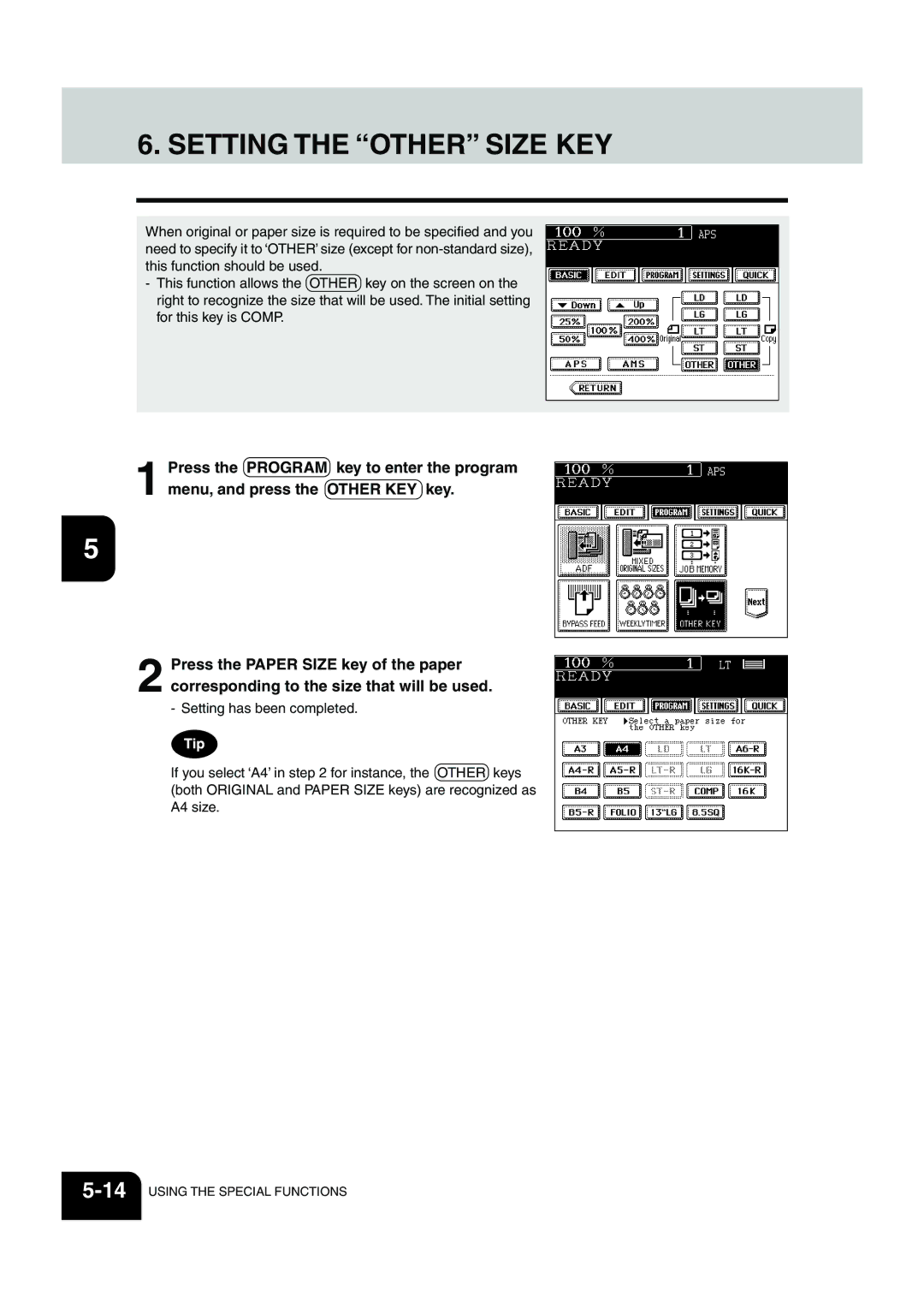 Panasonic DP-6530 manual Setting the Other Size KEY 