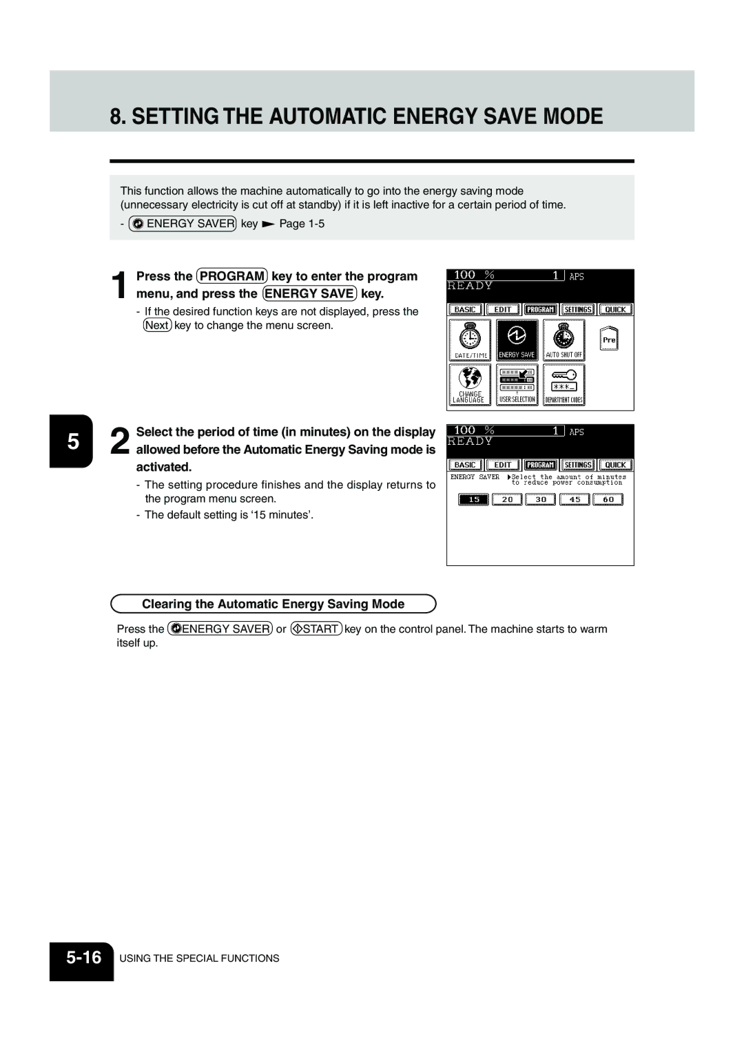 Panasonic DP-6530 manual Setting the Automatic Energy Save Mode, Activated, Clearing the Automatic Energy Saving Mode 