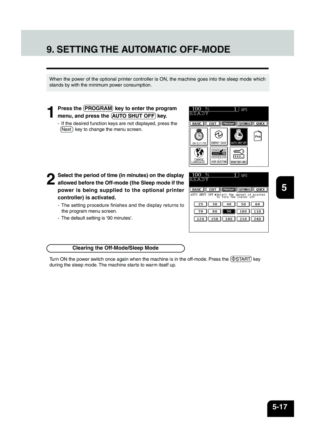 Panasonic DP-6530 manual Setting the Automatic OFF-MODE, Clearing the Off-Mode/Sleep Mode 