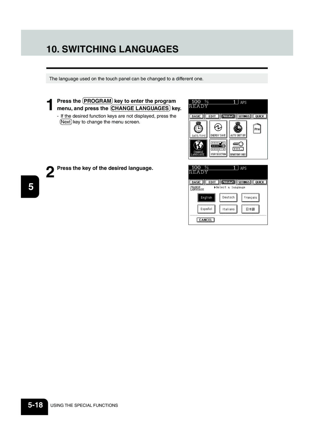 Panasonic DP-6530 manual Switching Languages, Press the key of the desired language 