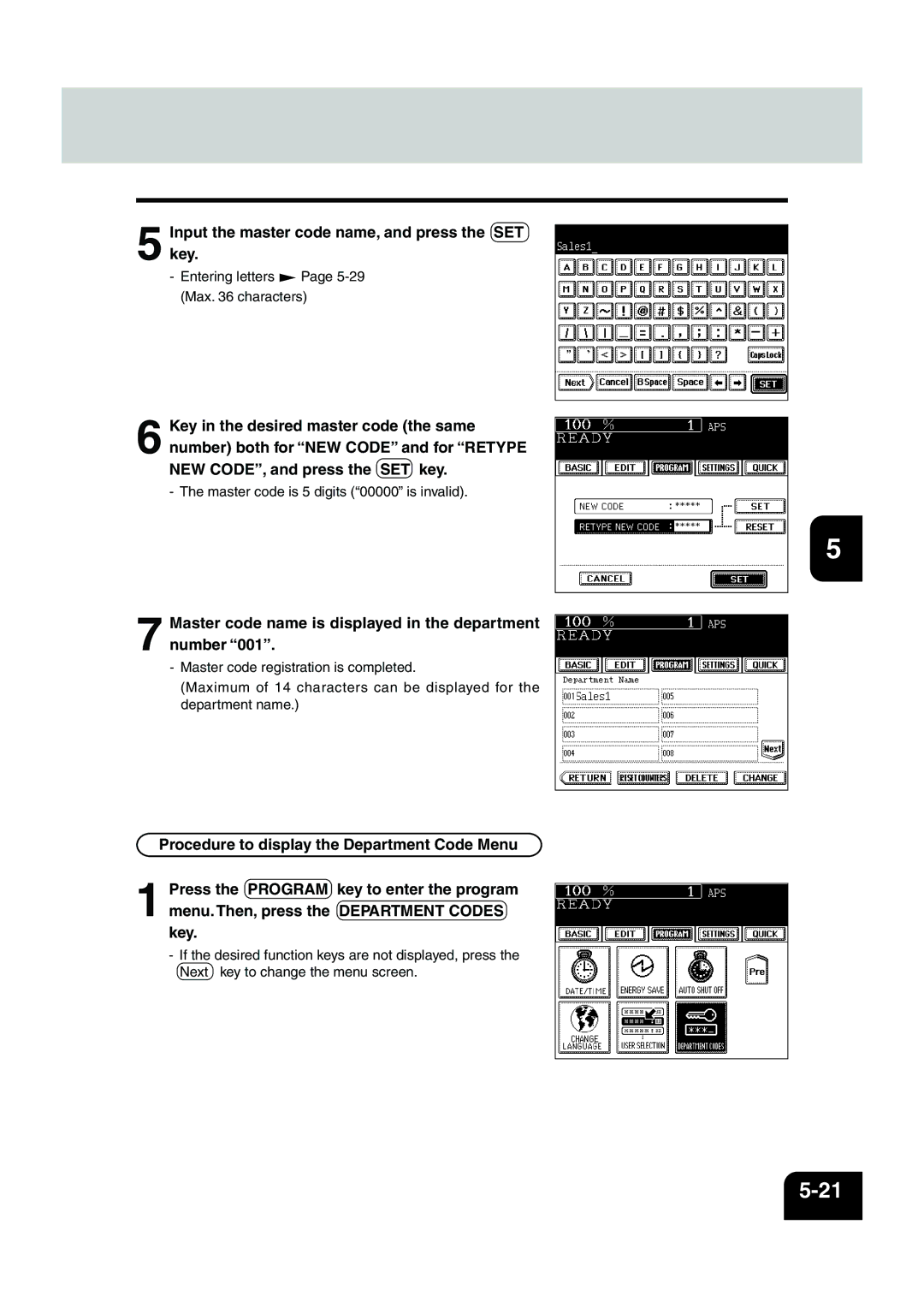 Panasonic DP-6530 manual Input the master code name, and press the SET key 