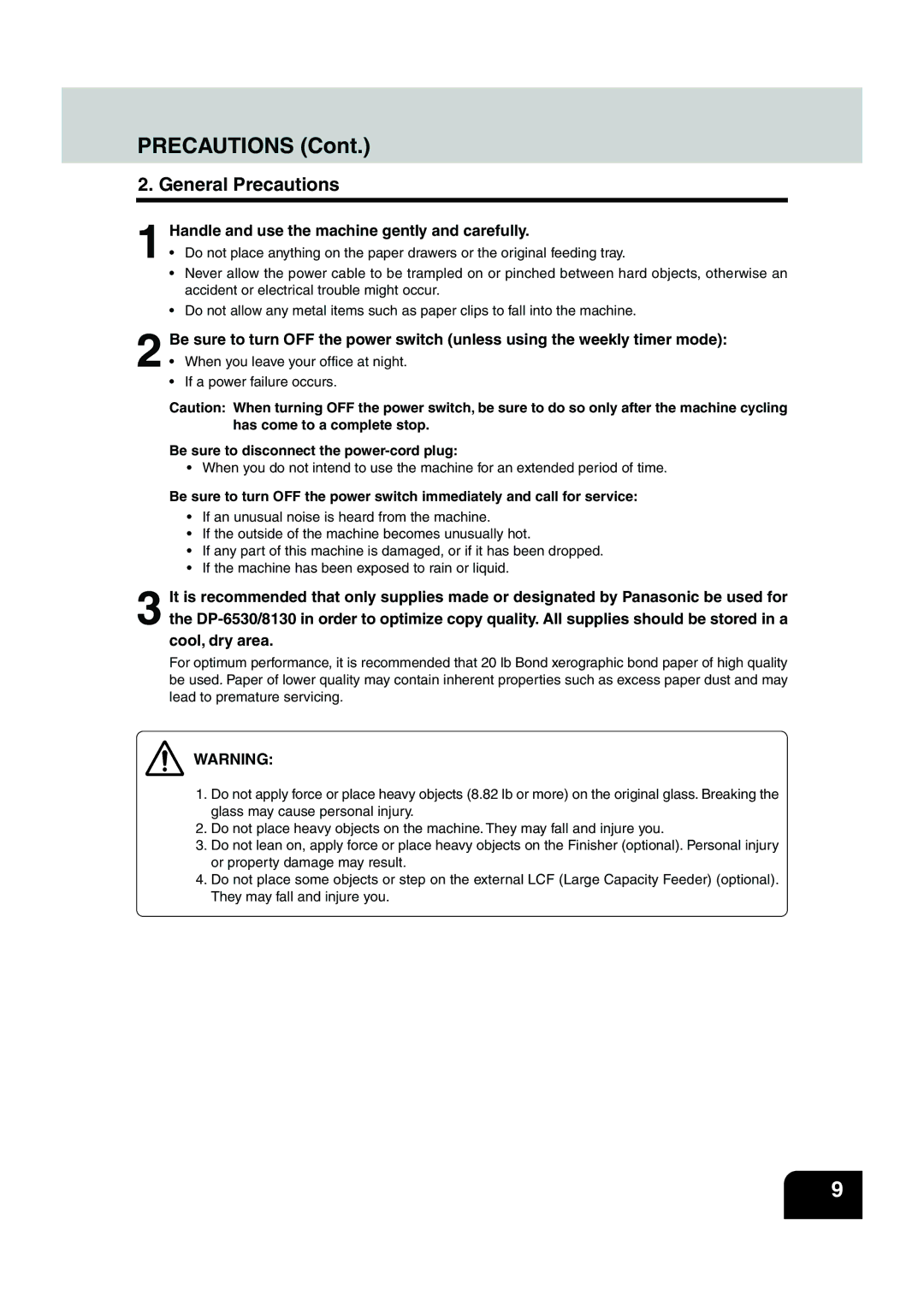 Panasonic DP-6530 manual General Precautions, Handle and use the machine gently and carefully 