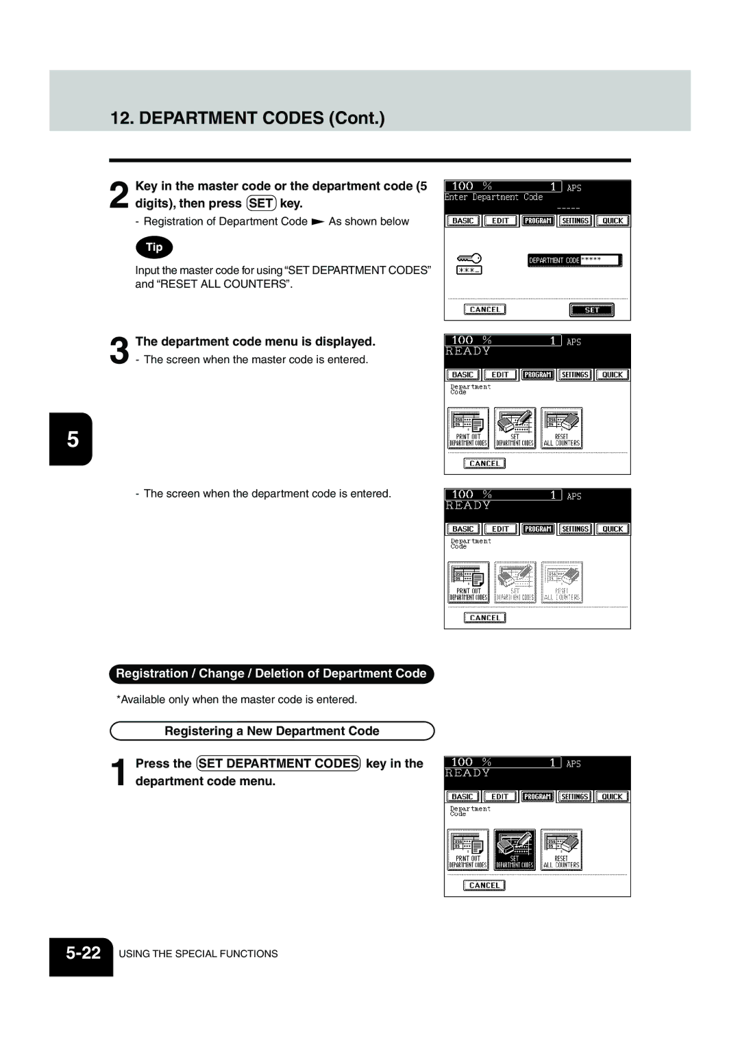 Panasonic DP-6530 manual Department Codes, Registration / Change / Deletion of Department Code 