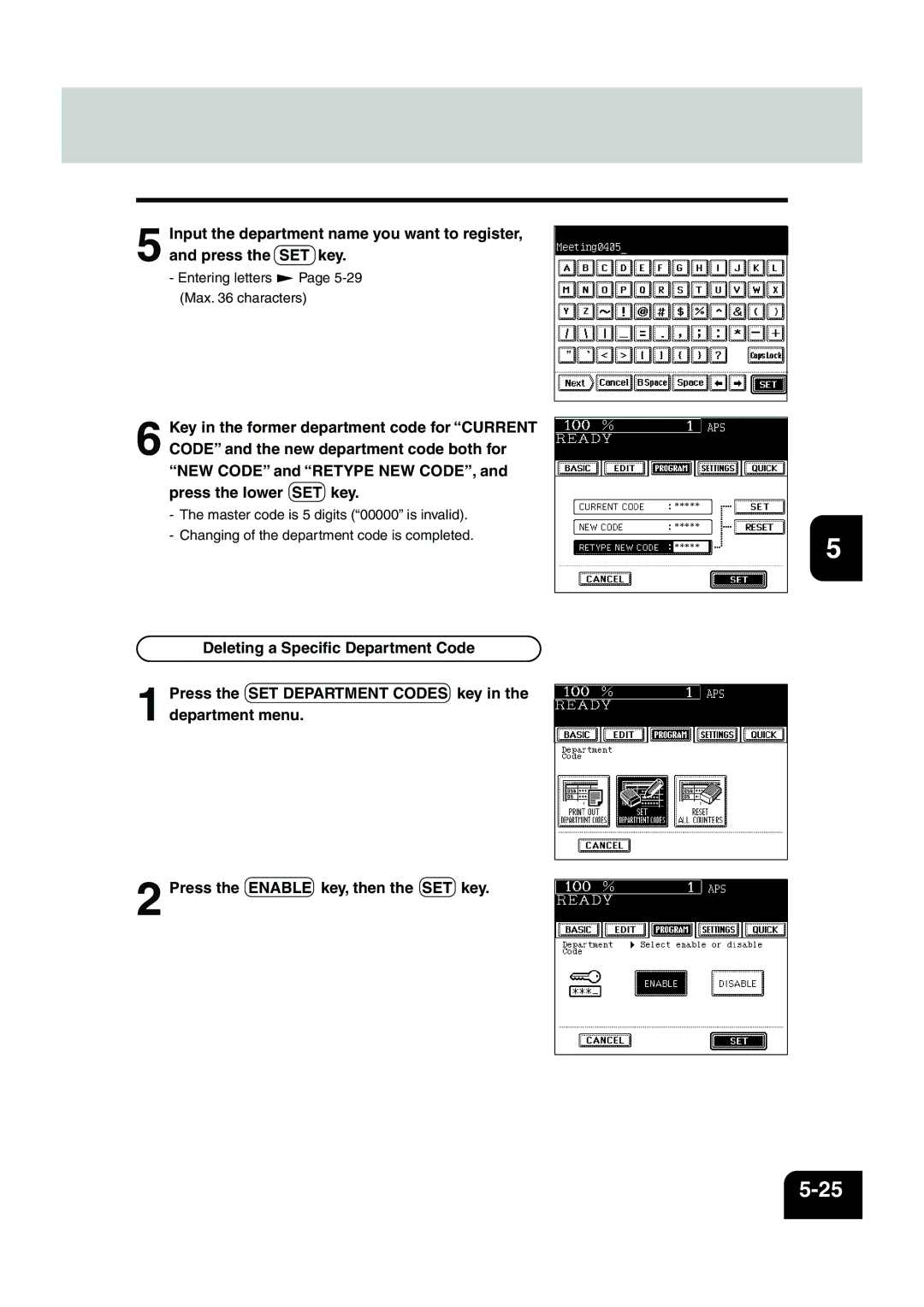 Panasonic DP-6530 manual Entering letters Page 5-29 Max characters 