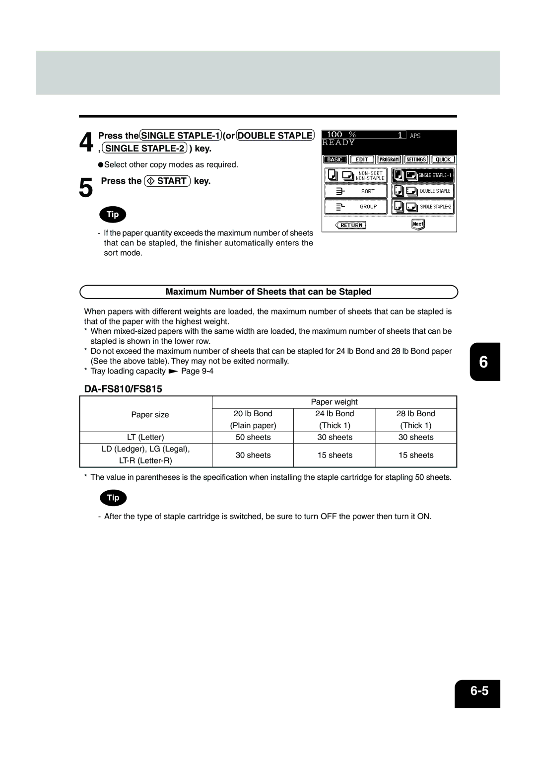 Panasonic DP-6530 manual DA-FS810/FS815, Maximum Number of Sheets that can be Stapled 