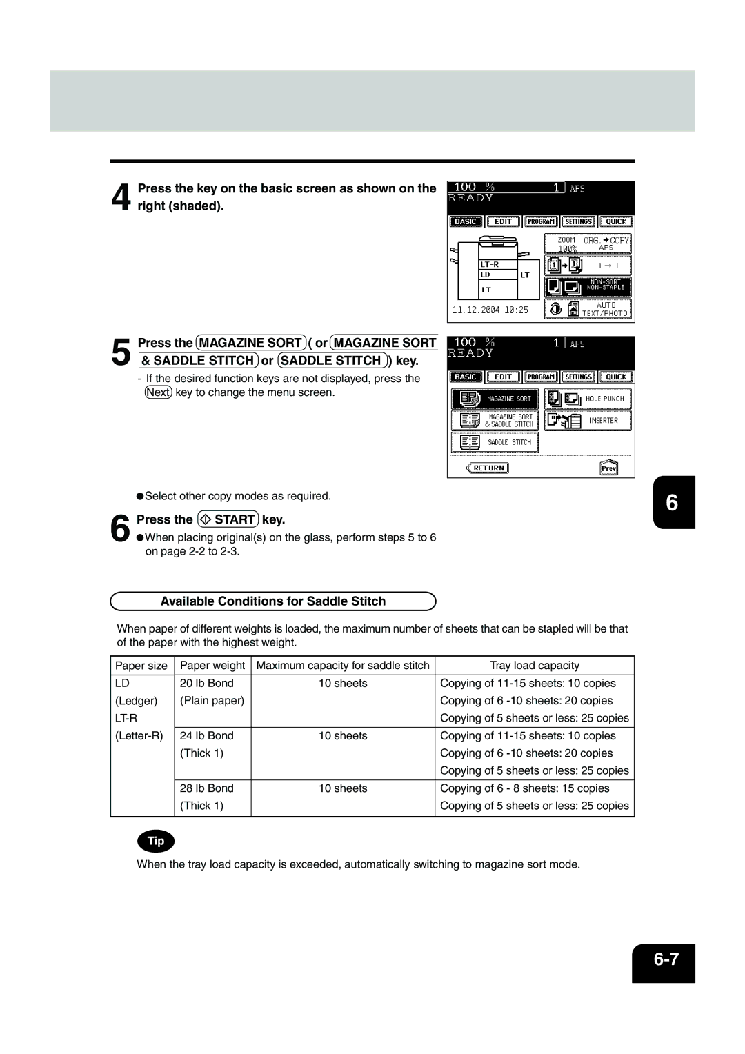 Panasonic DP-6530 manual Press Start key, Available Conditions for Saddle Stitch 