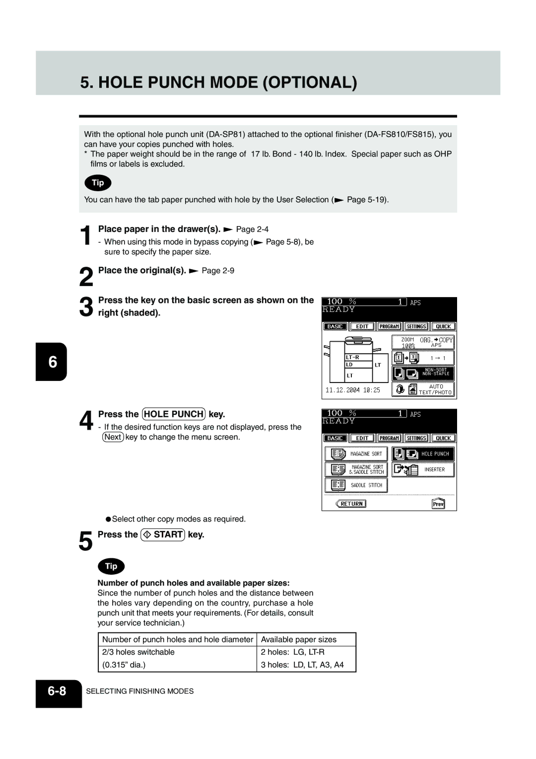 Panasonic DP-6530 manual Hole Punch Mode Optional, Number of punch holes and available paper sizes 