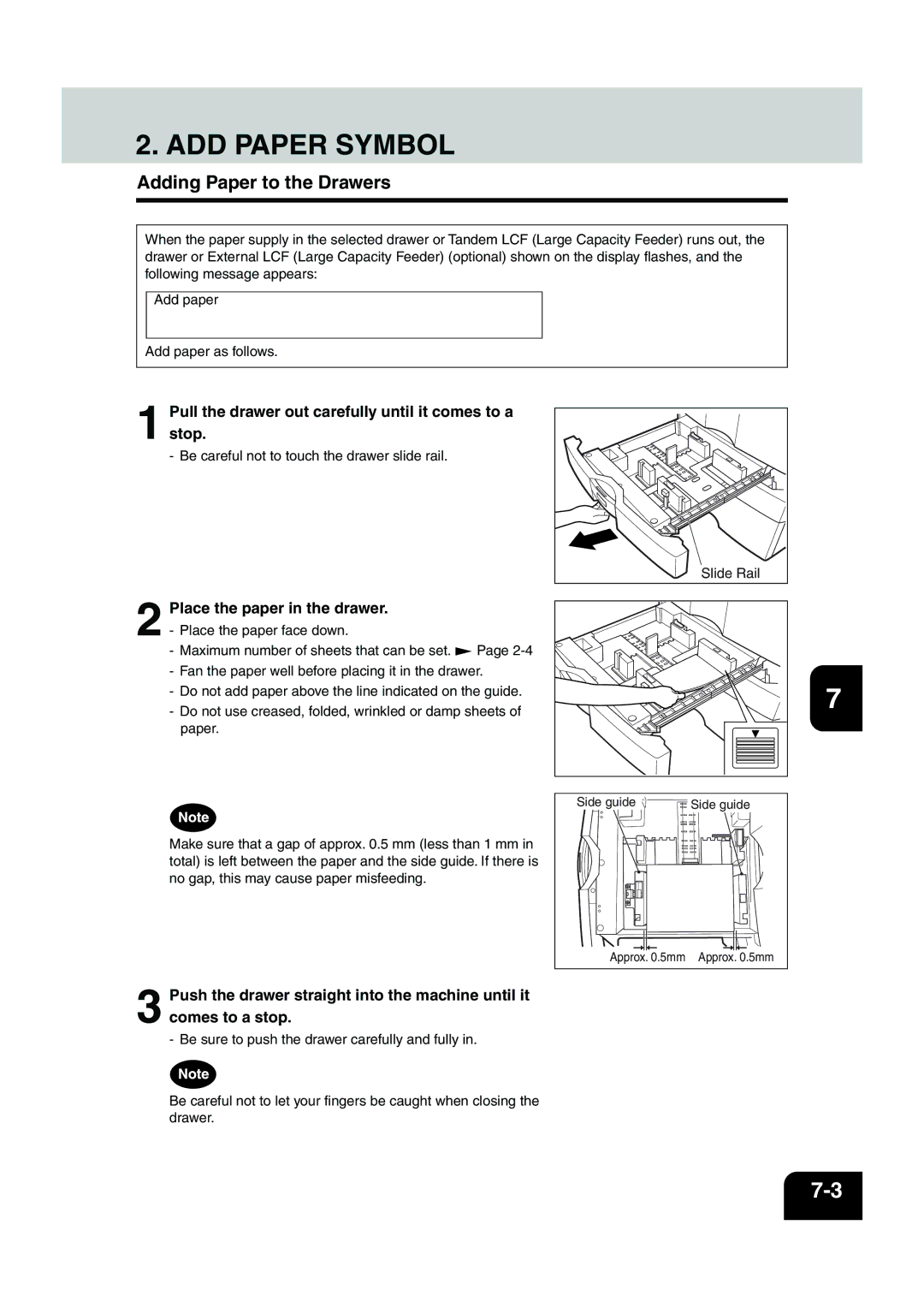 Panasonic DP-6530 ADD Paper Symbol, Adding Paper to the Drawers, Pull the drawer out carefully until it comes to a stop 