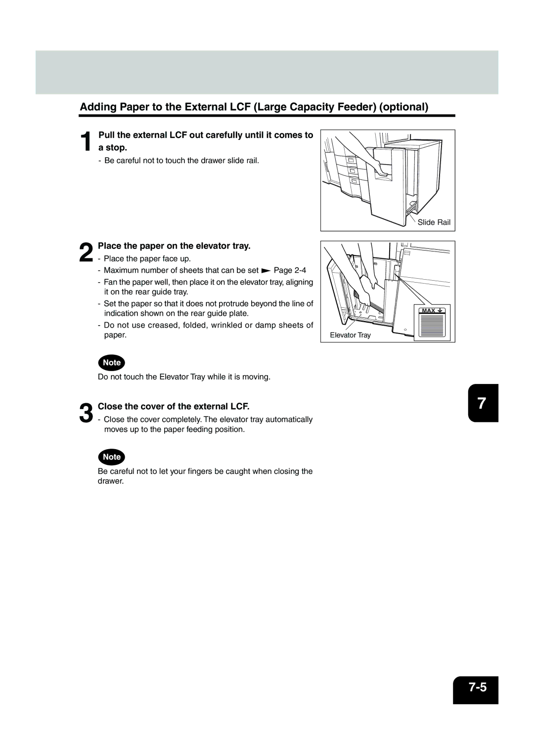 Panasonic DP-6530 manual Place the paper on the elevator tray, Close the cover of the external LCF 