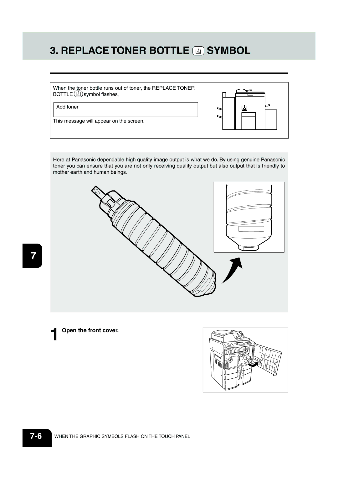 Panasonic DP-6530 manual Replace Toner Bottle Symbol, Open the front cover 