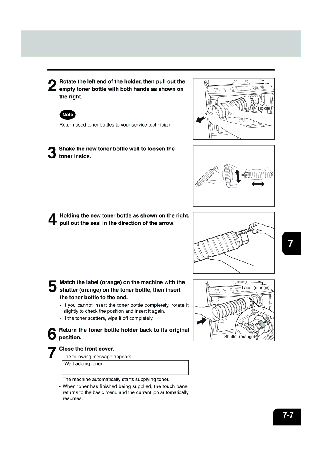 Panasonic DP-6530 manual Shake the new toner bottle well to loosen the toner inside 