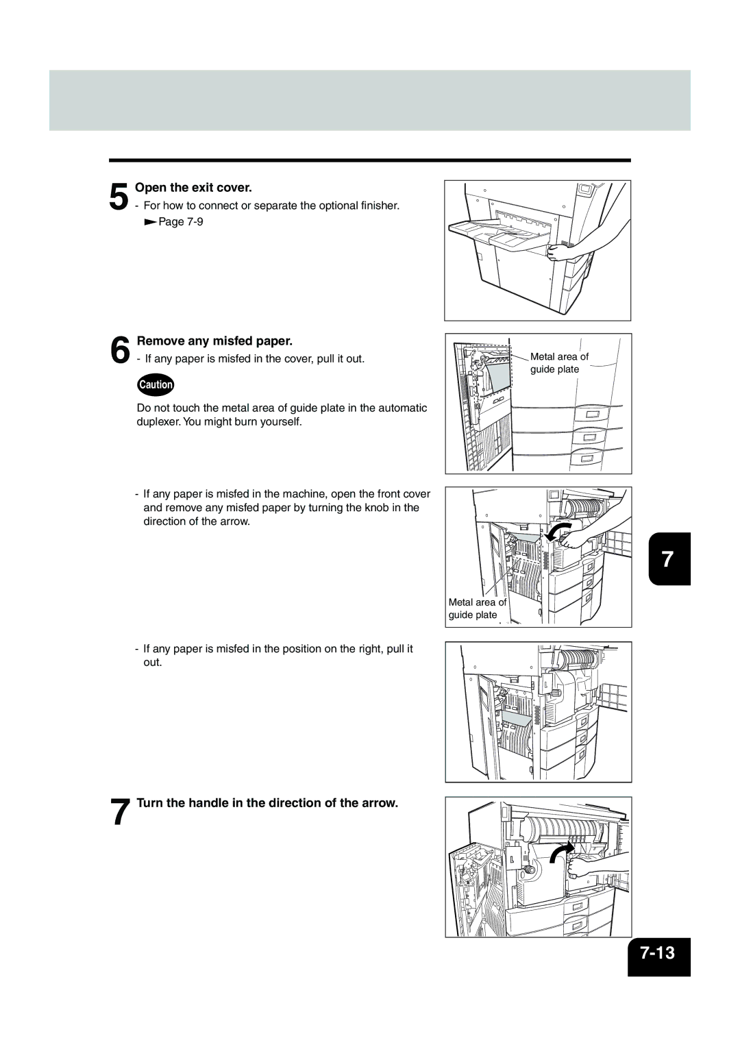 Panasonic DP-6530 manual Open the exit cover, Remove any misfed paper, Turn the handle in the direction of the arrow 