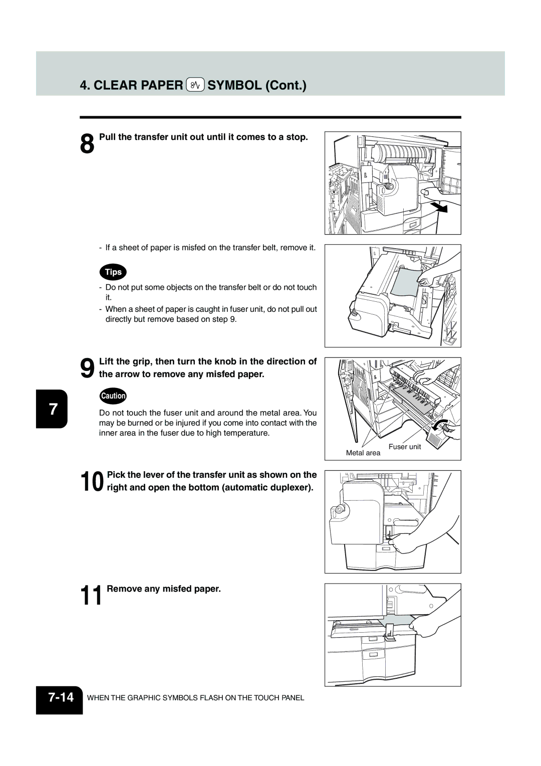 Panasonic DP-6530 Pull the transfer unit out until it comes to a stop, Lift the grip, then turn the knob in the direction 