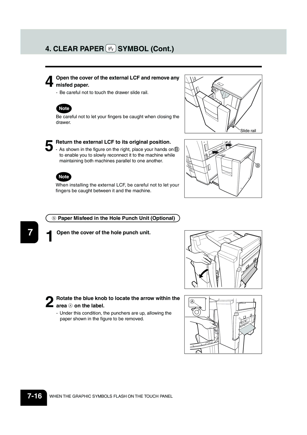 Panasonic DP-6530 manual Return the external LCF to its original position, Paper Misfeed in the Hole Punch Unit Optional 