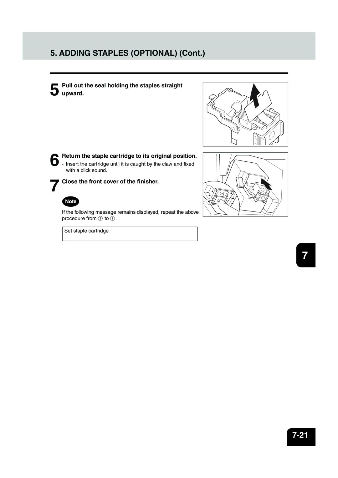 Panasonic DP-6530 manual Adding Staples Optional, Close the front cover of the finisher 