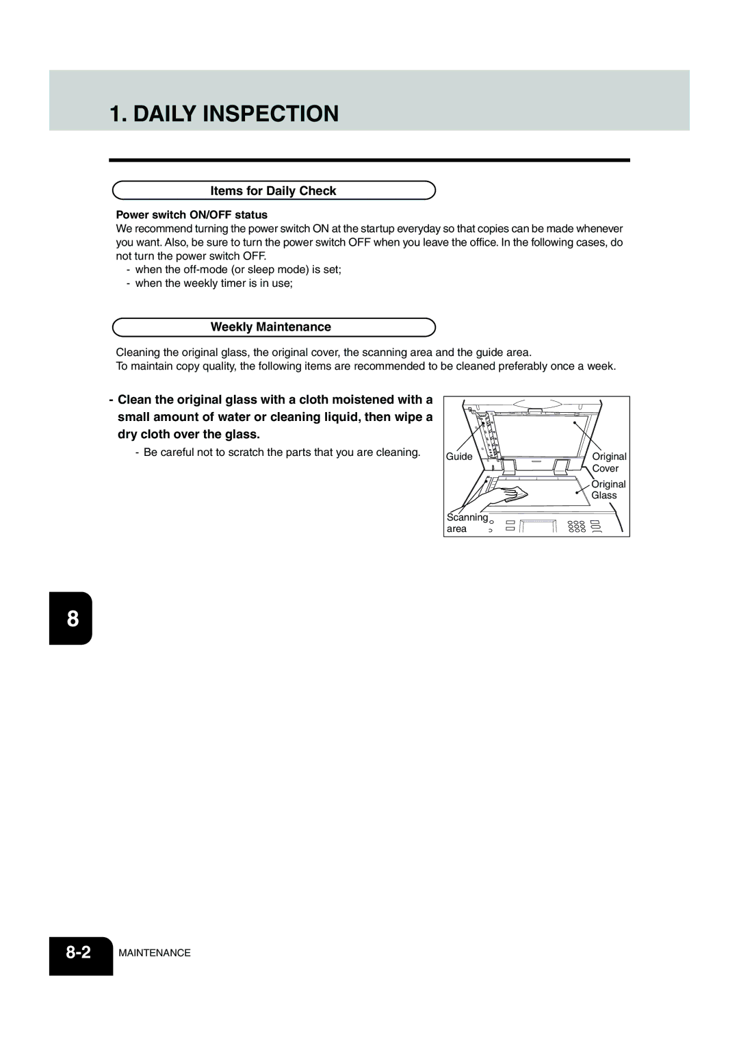 Panasonic DP-6530 manual Daily Inspection, Items for Daily Check, Weekly Maintenance, Power switch ON/OFF status 