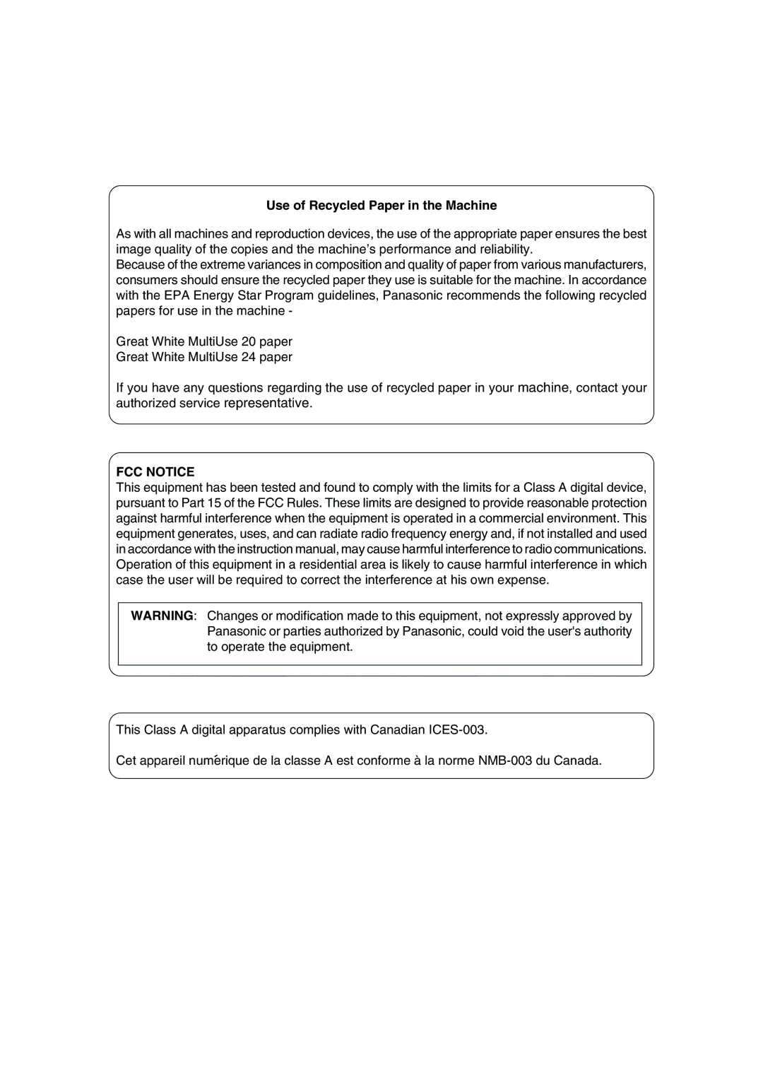 Panasonic DP-6530 manual Use of Recycled Paper in the Machine, FCC Notice 