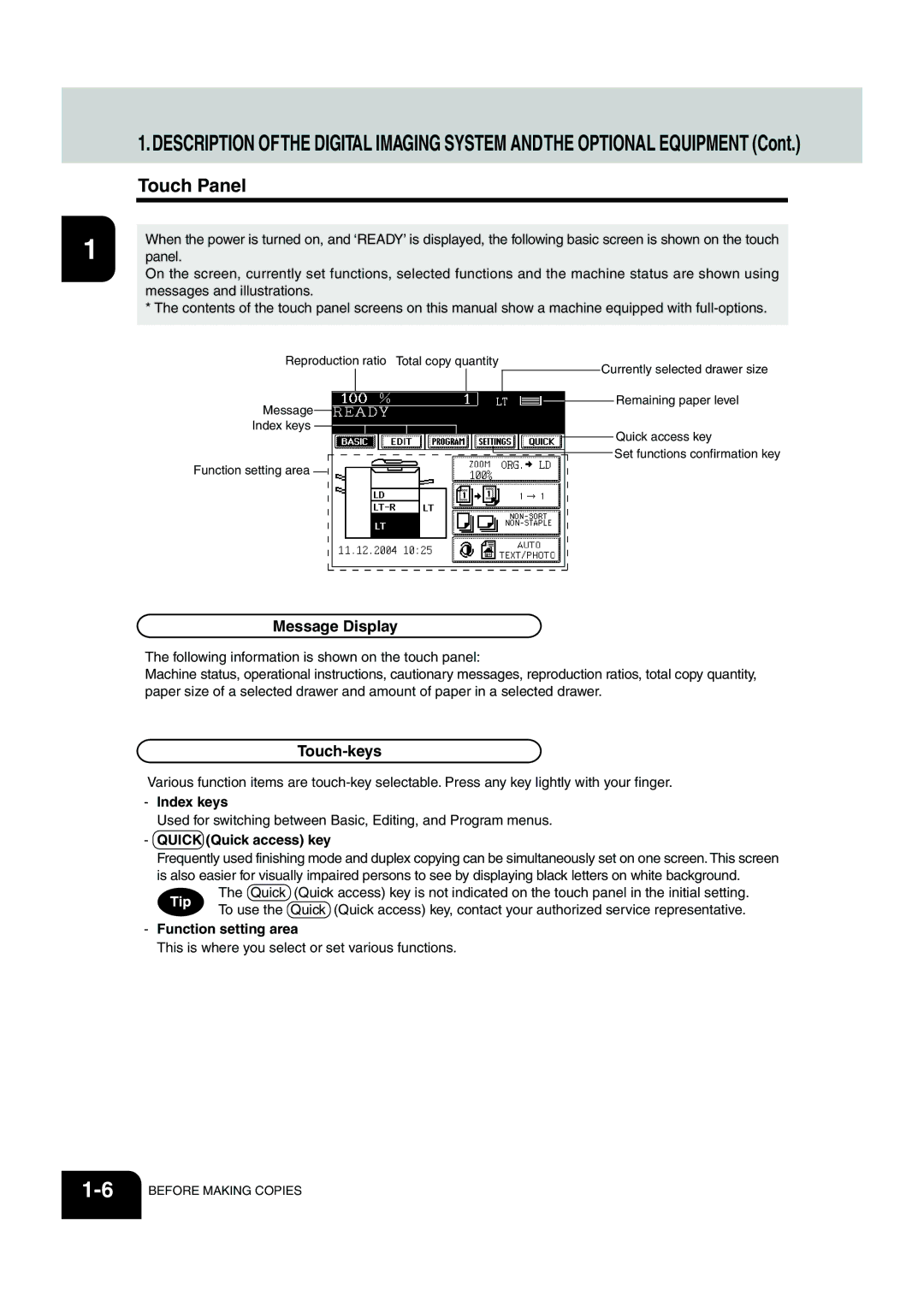 Panasonic DP-6530 manual Touch Panel, Message Display, Touch-keys 