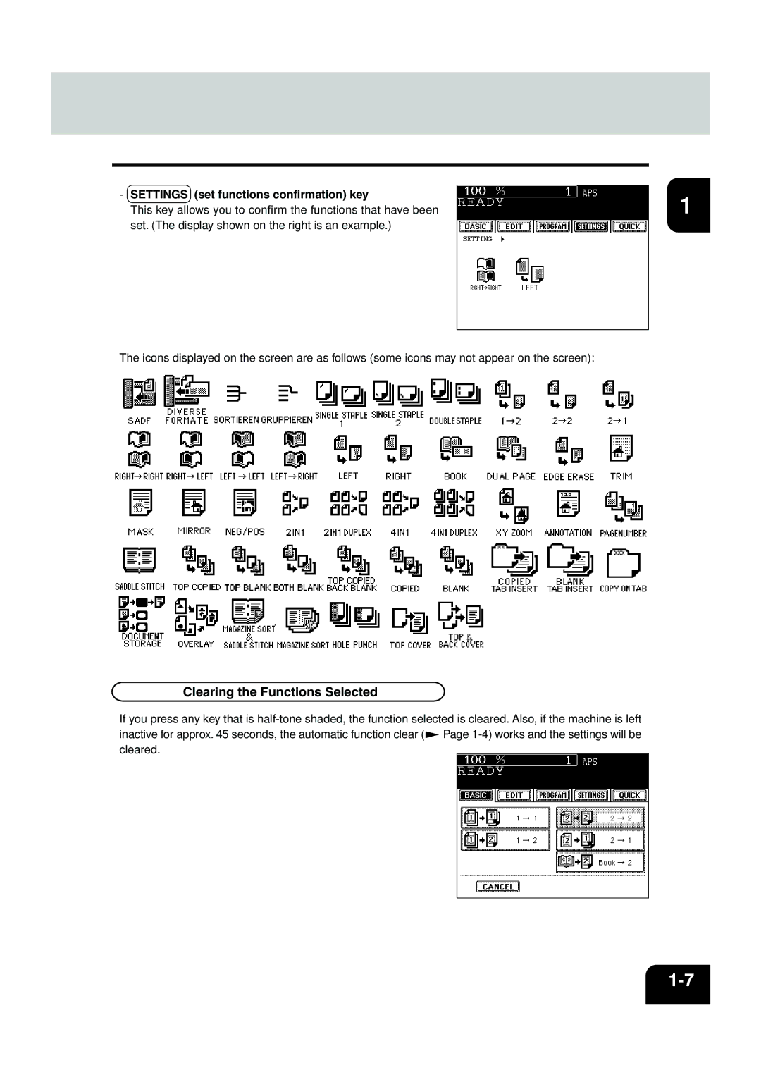 Panasonic DP-6530 manual Clearing the Functions Selected, Settings set functions confirmation key 