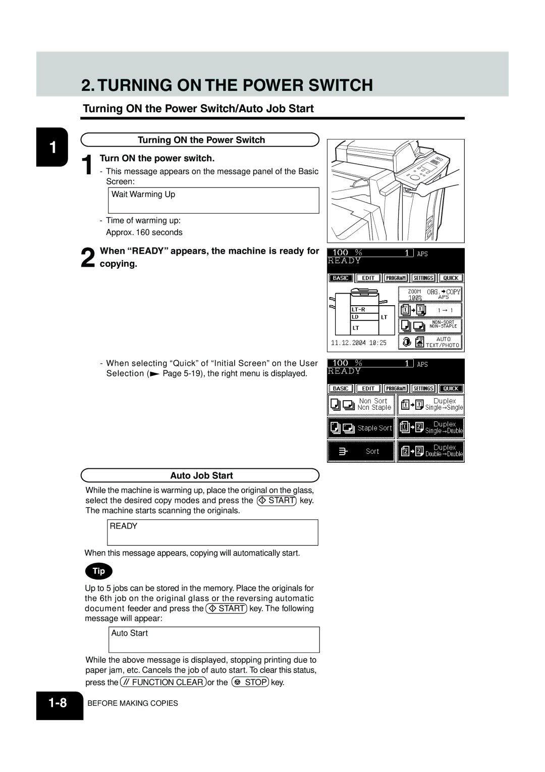 Panasonic DP-6530 Turning on the Power Switch/Auto Job Start, Turning on the Power Switch Turn on the power switch 