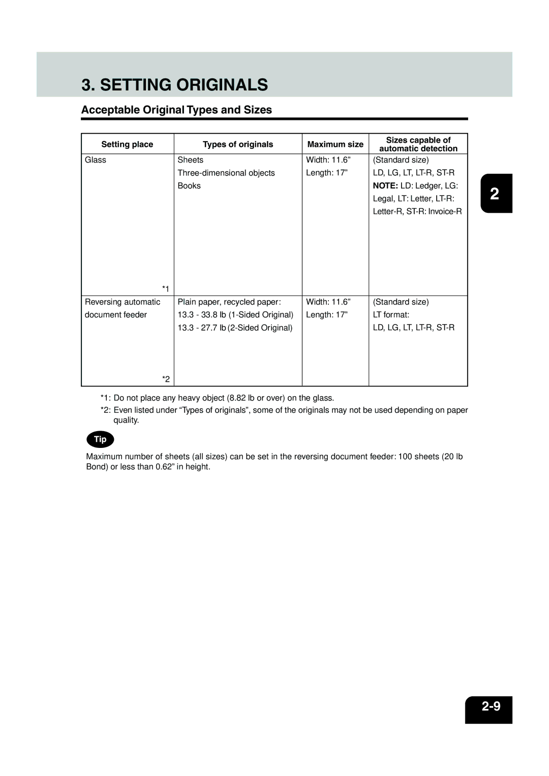 Panasonic DP-6530 manual Setting Originals, Acceptable Original Types and Sizes 