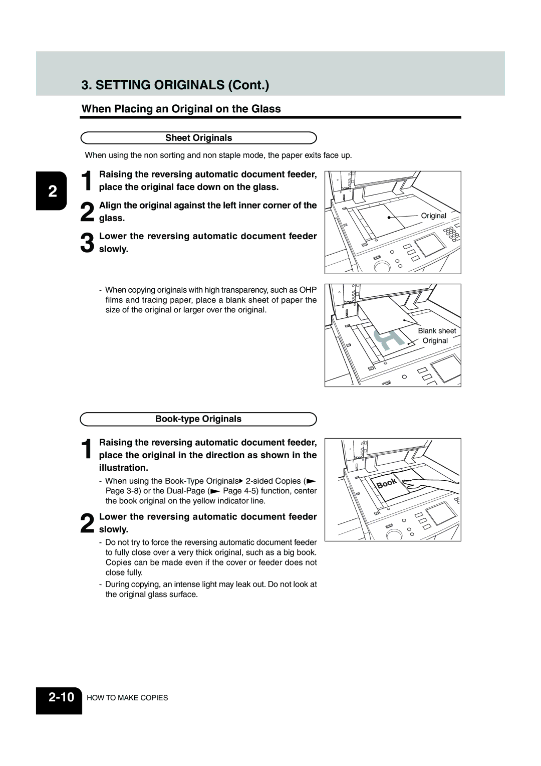 Panasonic DP-6530 manual Setting Originals, When Placing an Original on the Glass 