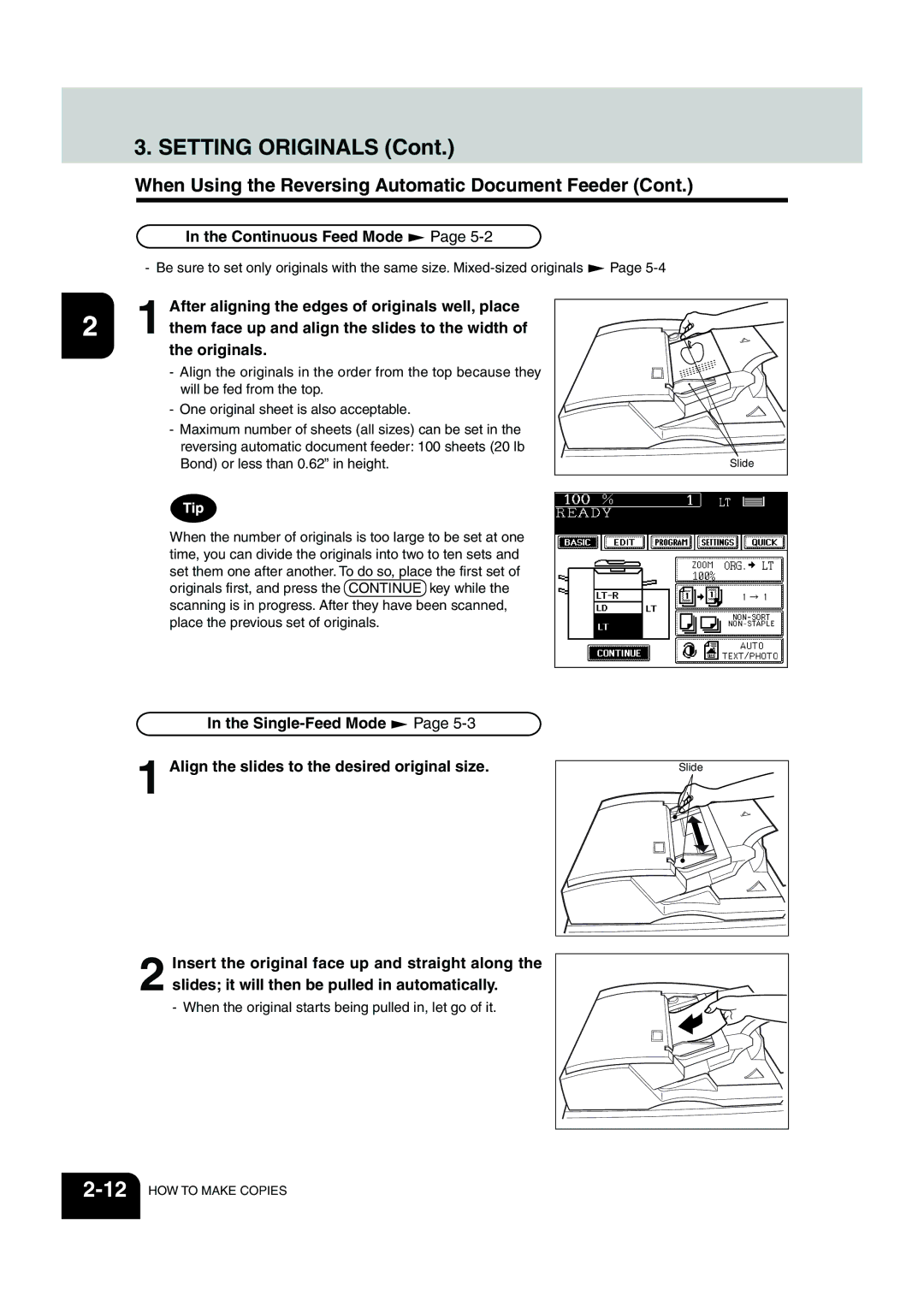 Panasonic DP-6530 manual Continuous Feed Mode, After aligning the edges of originals well, place, Originals 