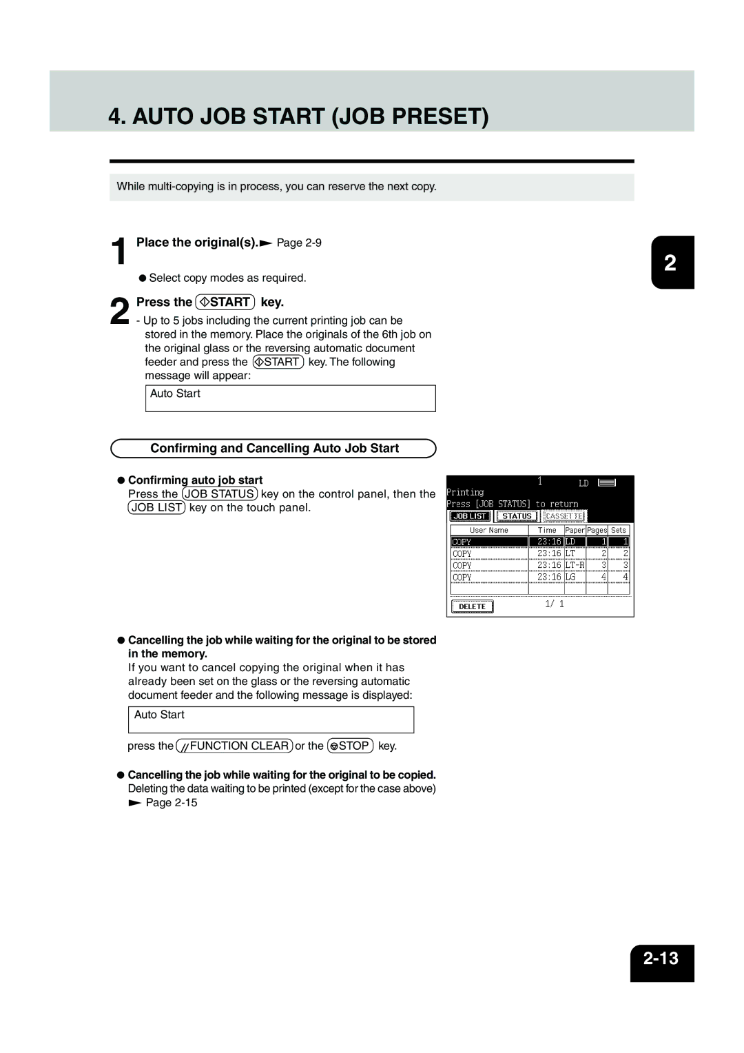 Panasonic DP-6530 manual Auto JOB Start JOB Preset, Place the originals, Confirming and Cancelling Auto Job Start 