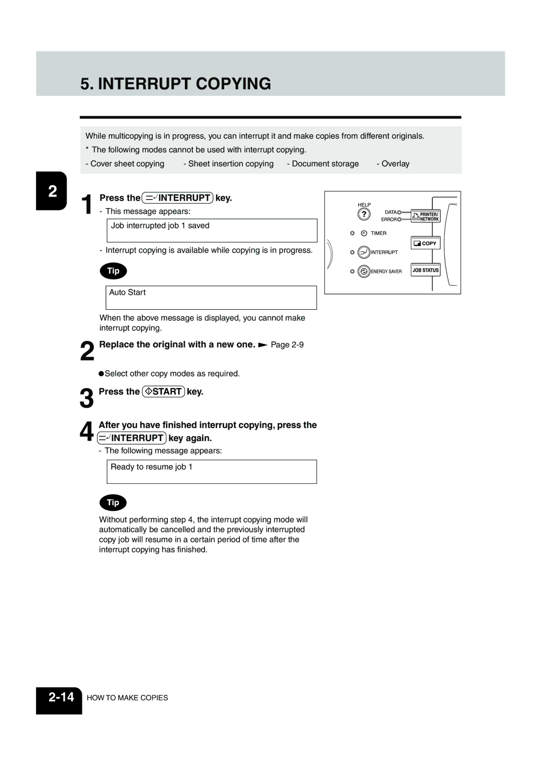 Panasonic DP-6530 Interrupt Copying, Press the Interrupt key, Replace the original with a new one, Interrupt key again 