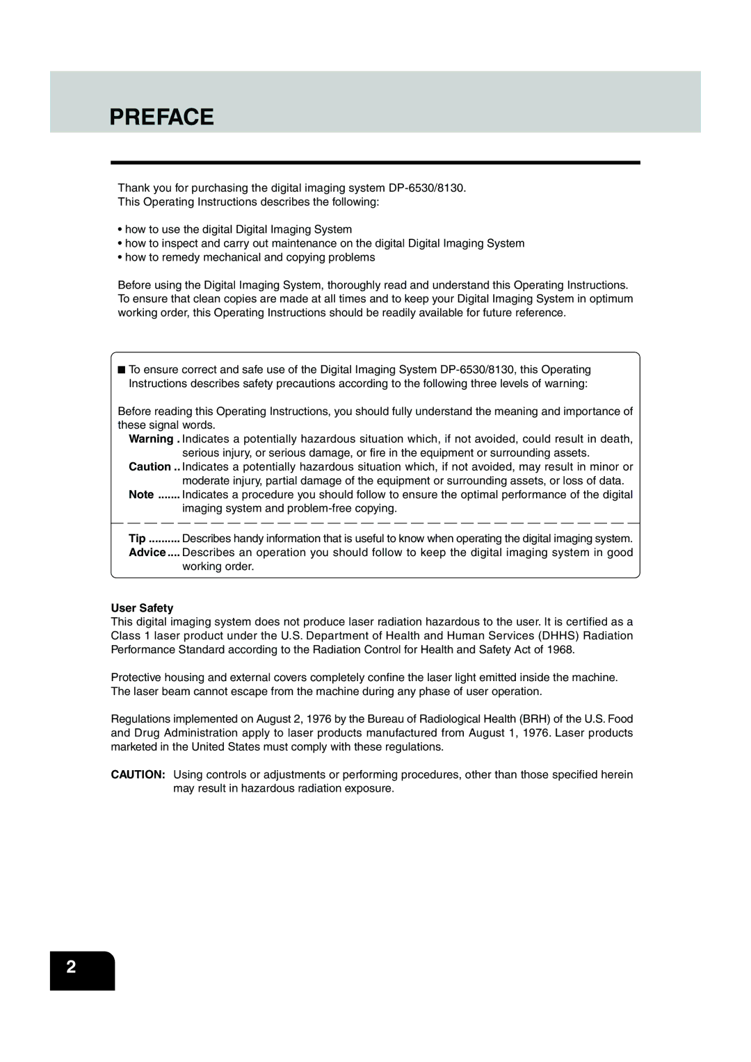 Panasonic DP-6530 manual Preface, User Safety 