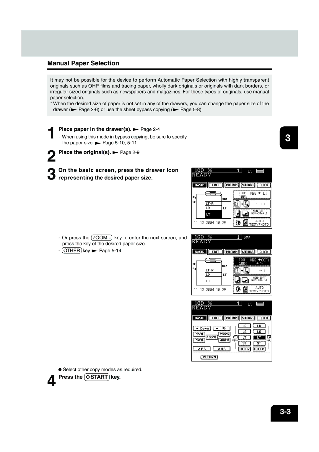 Panasonic DP-6530 manual Manual Paper Selection, Place paper in the drawers 