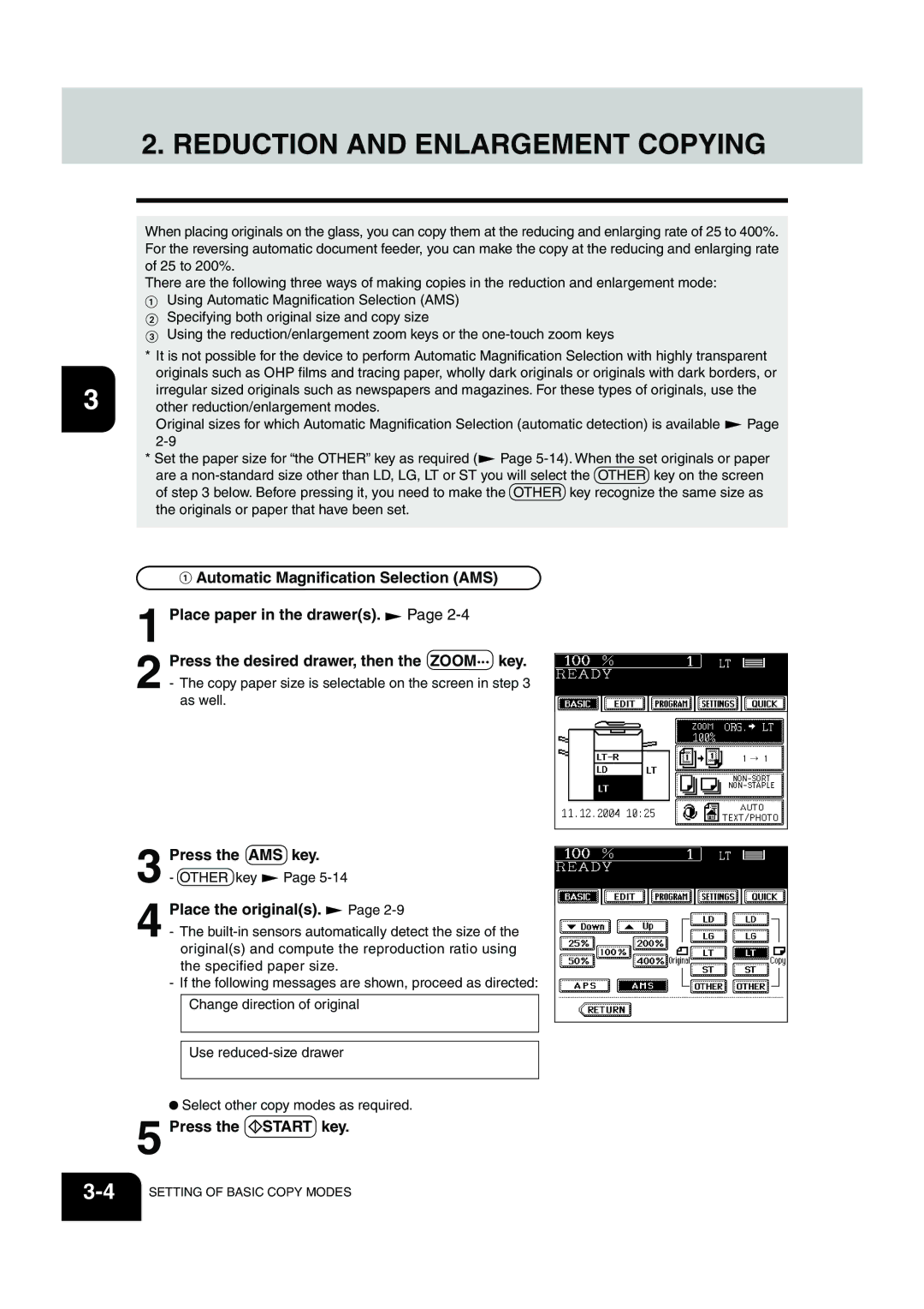 Panasonic DP-6530 manual Reduction and Enlargement Copying, Press the AMS key 