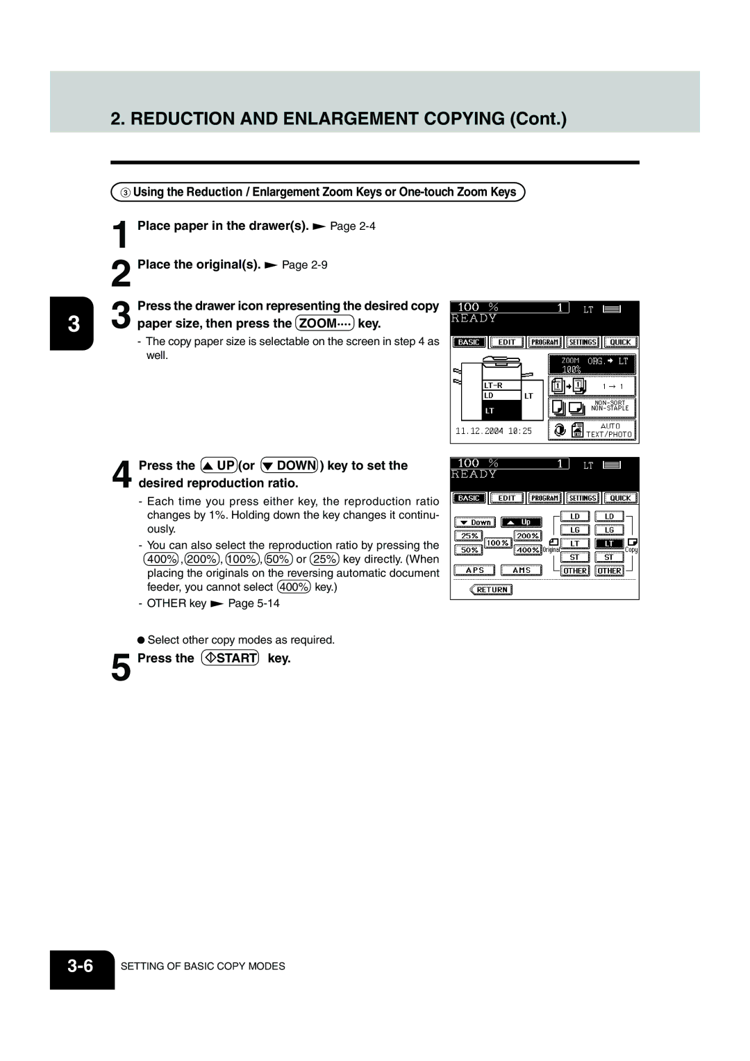 Panasonic DP-6530 manual Reduction and Enlargement Copying, Paper size, then press the ZOOM···· key 