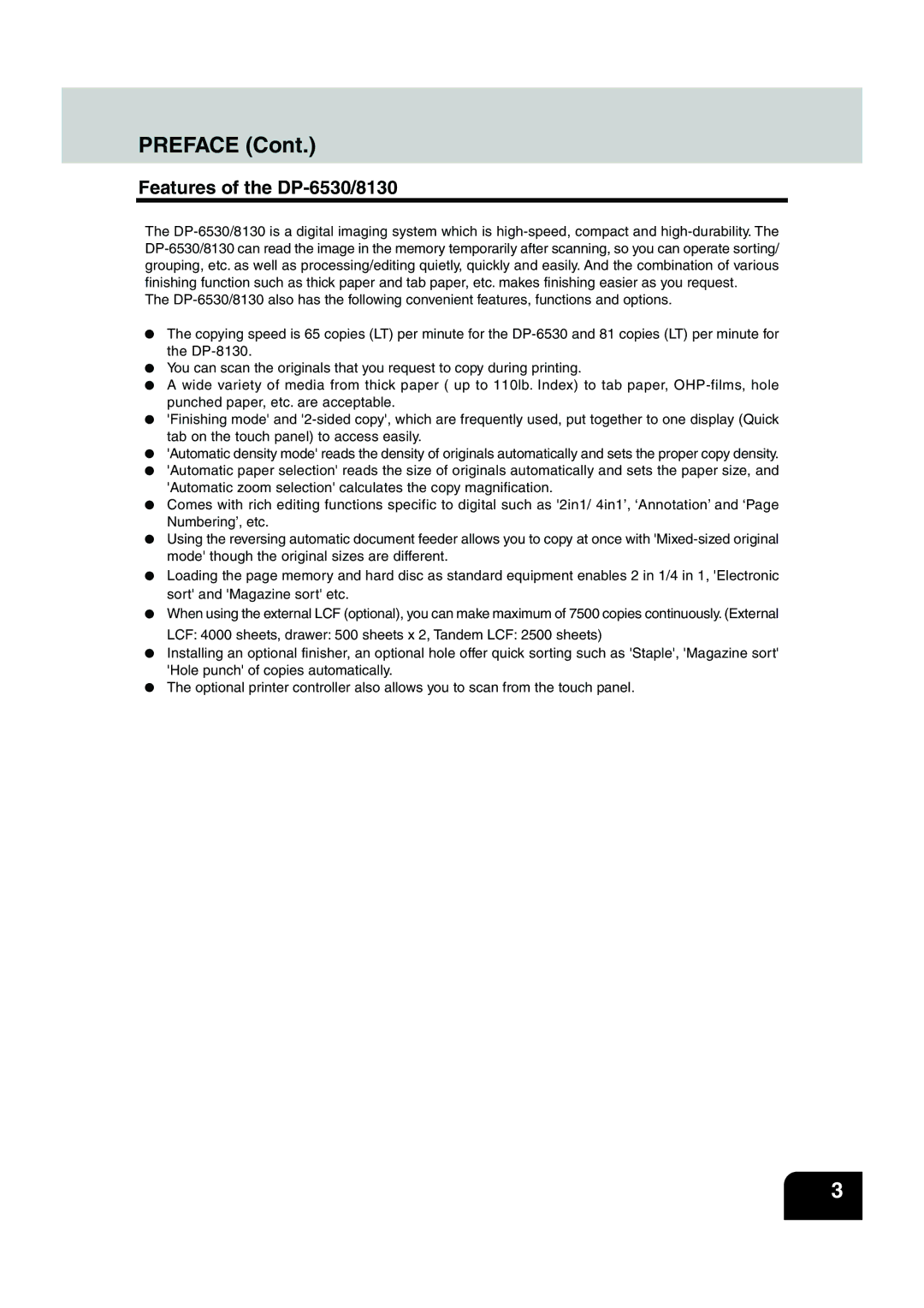 Panasonic manual Preface, Features of the DP-6530/8130 