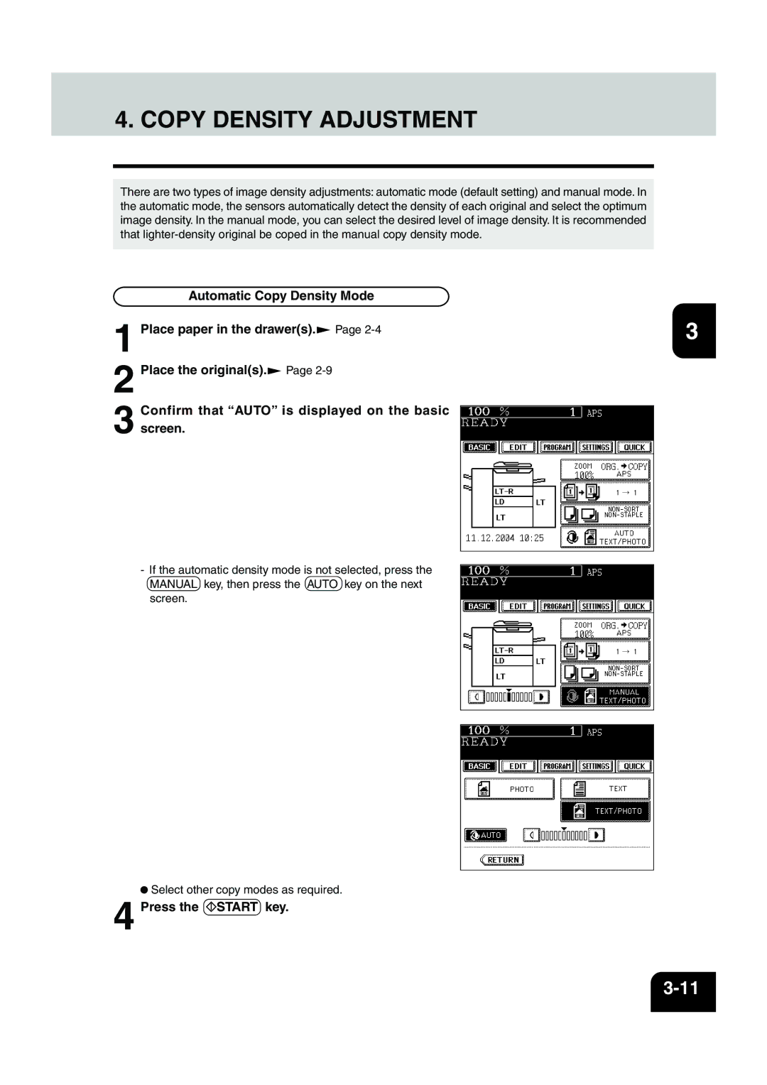 Panasonic DP-6530 manual Copy Density Adjustment, Press the Start key 