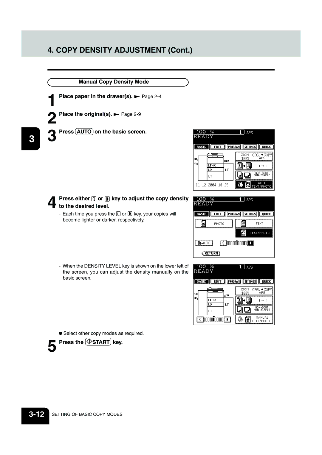 Panasonic DP-6530 manual Copy Density Adjustment, Manual Copy Density Mode, Press Auto on the basic screen 