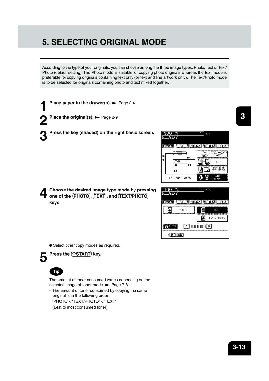 Panasonic DP-6530 manual Selecting Original Mode 