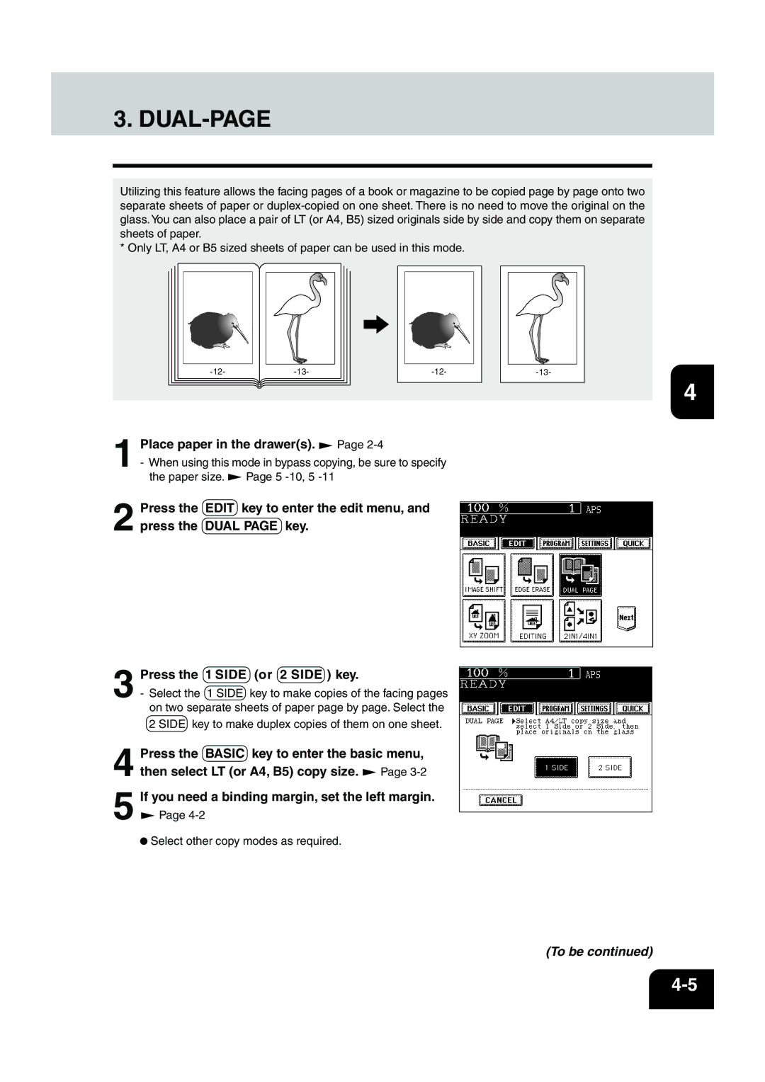 Panasonic DP-6530 manual Dual-Page, Press the 1 Side Or 2 Side key, Select the 1 Side 