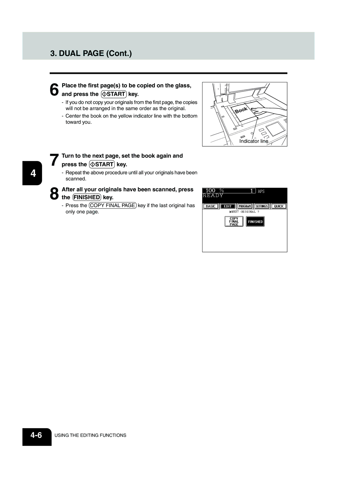 Panasonic DP-6530 manual Dual, Turn to the next page, set the book again, Scanned 