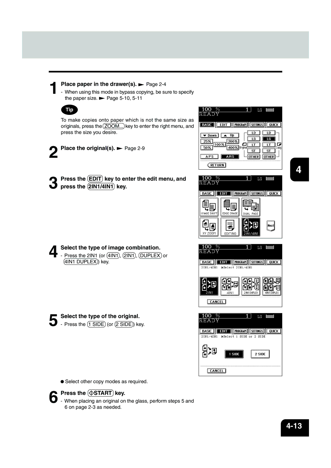 Panasonic DP-6530 manual Select the type of image combination, Select the type of the original, Place the originals, Key 