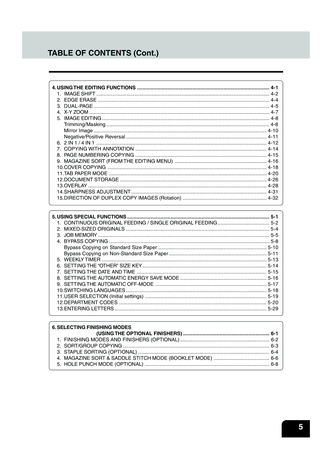 Panasonic DP-6530 manual Table of Contents 