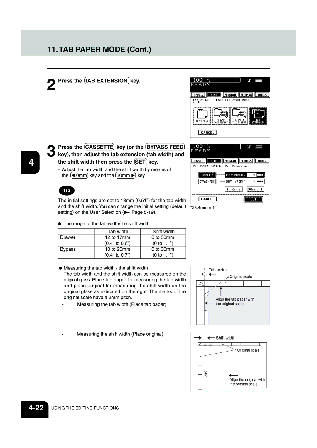 Panasonic DP-6530 manual TAB Paper Mode, Shift width then press the SET key, Key, then adjust the tab extension tab width 