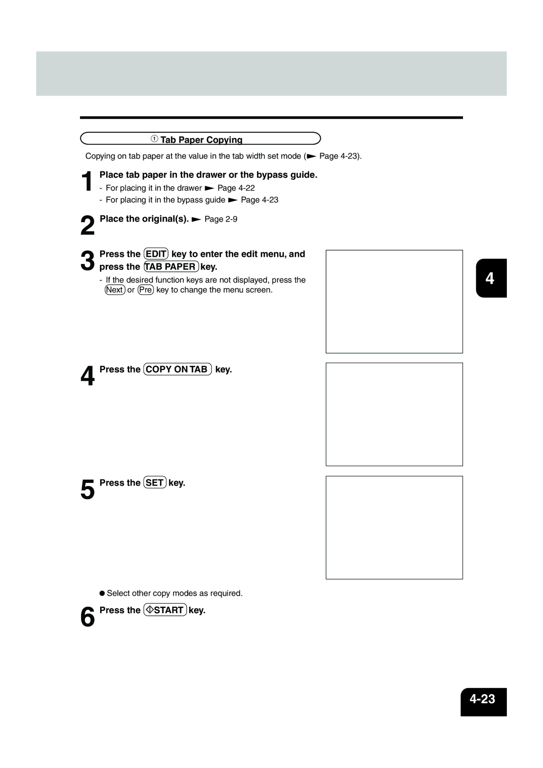 Panasonic DP-6530 manual Tab Paper Copying, Place tab paper in the drawer or the bypass guide 