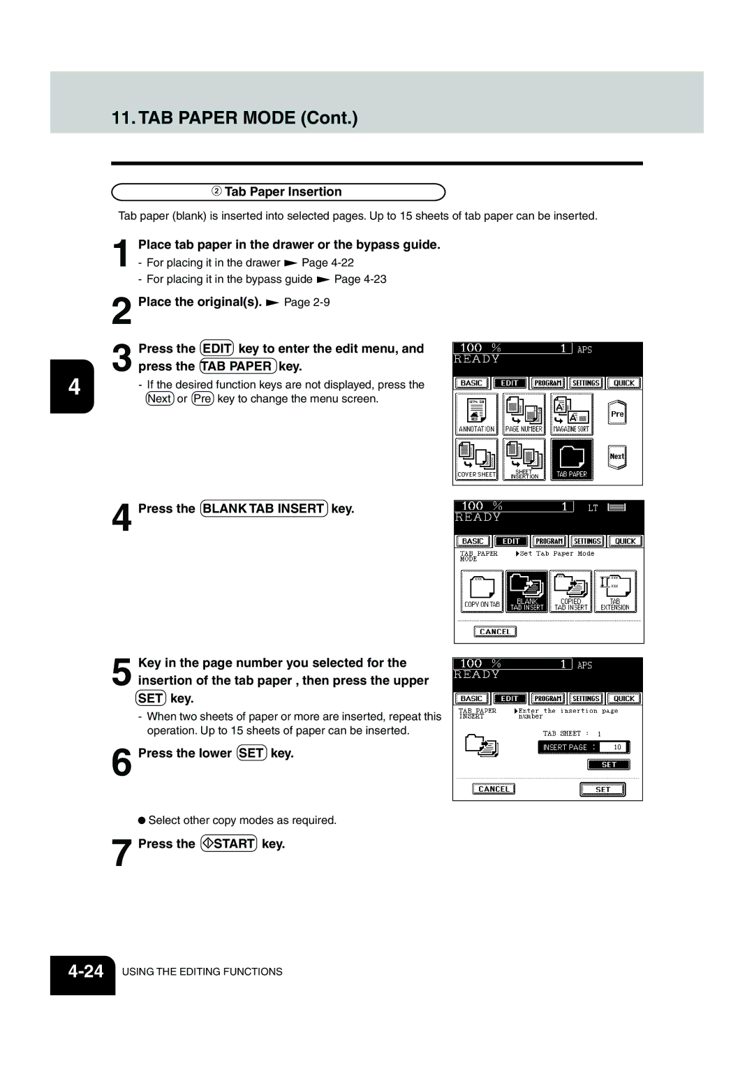 Panasonic DP-6530 manual Tab Paper Insertion, Press the TAB Paper key 