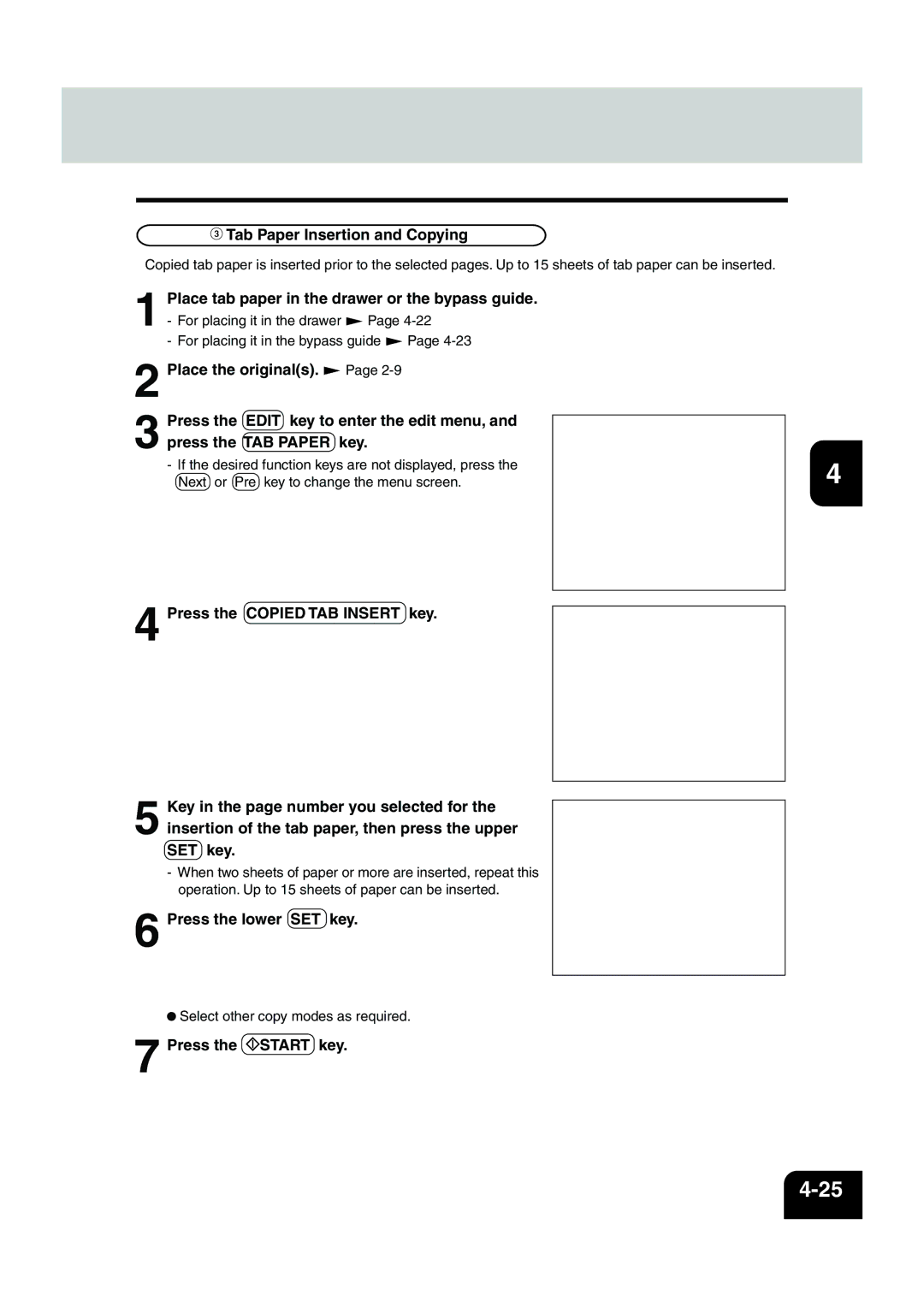 Panasonic DP-6530 manual Tab Paper Insertion and Copying, Place tab paper in the drawer or the bypass guide 