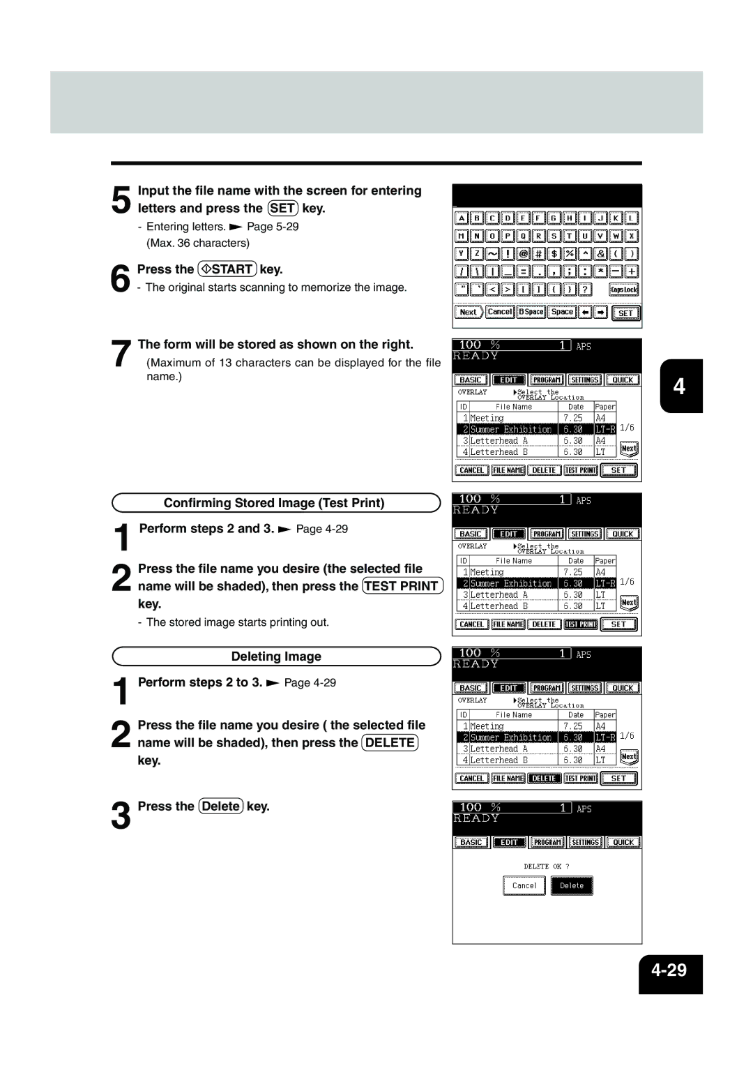 Panasonic DP-6530 manual Entering letters. Page 5-29 Max characters 