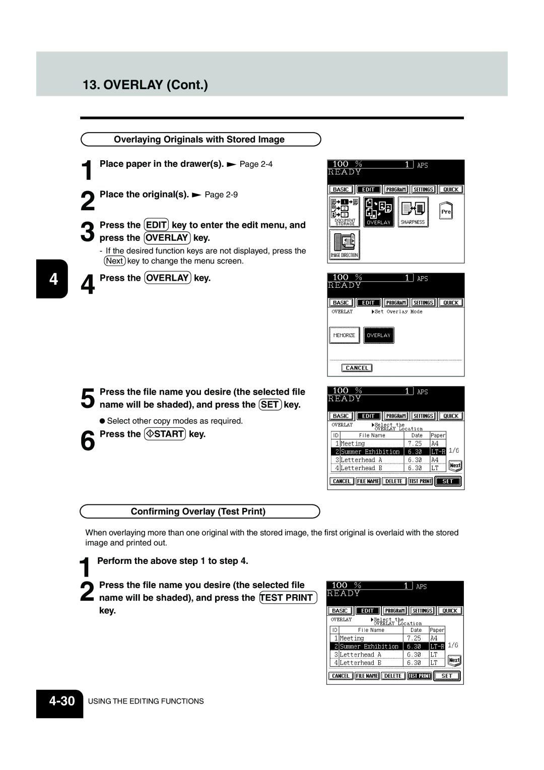 Panasonic DP-6530 manual Press the Overlay key, Press the Start key Confirming Overlay Test Print 