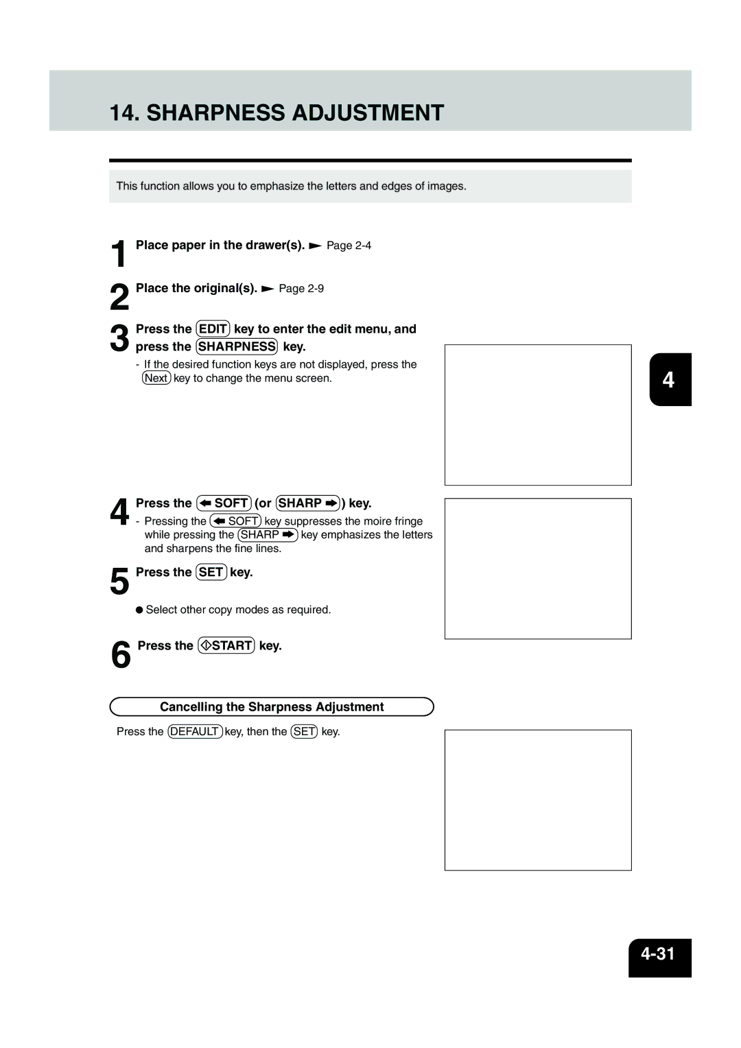 Panasonic DP-6530 manual Sharpness Adjustment, Press the Soft or Sharp key 