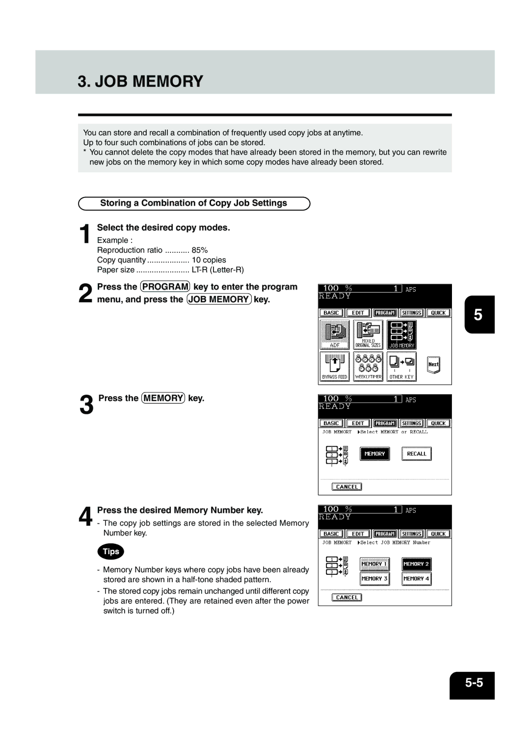 Panasonic DP-6530 manual JOB Memory, Storing a Combination of Copy Job Settings 