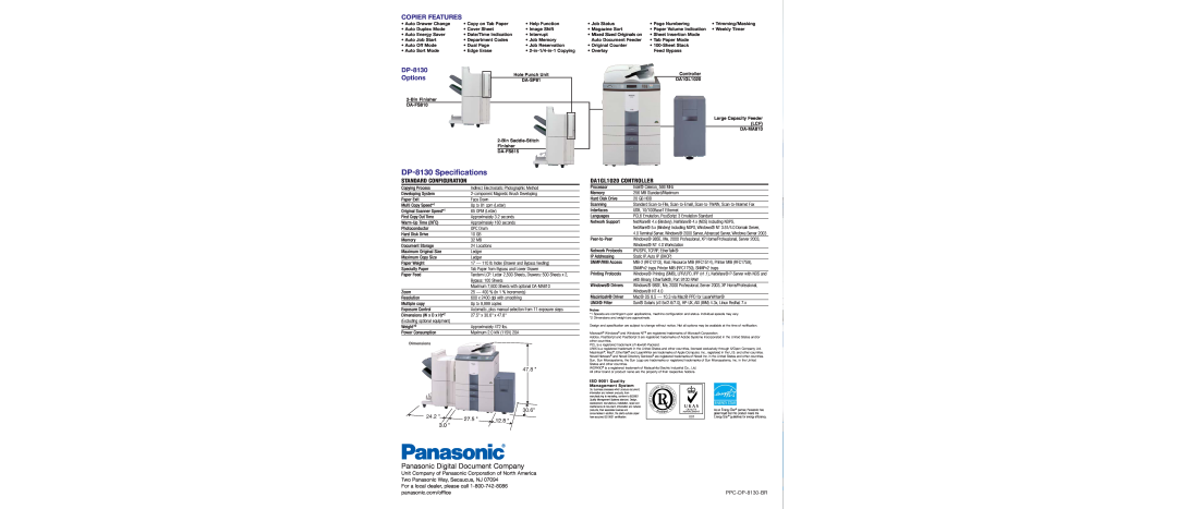 Panasonic DP-8130 Specifications, Panasonic Digital Document Company, Copier Features, Options, Standard Configuration 